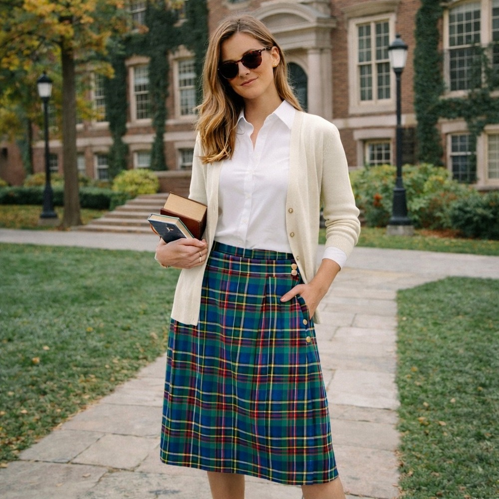 Vintage Carroll Reed Plaid Skirt Wool Tartan Preppy Button Detail Size 12‎